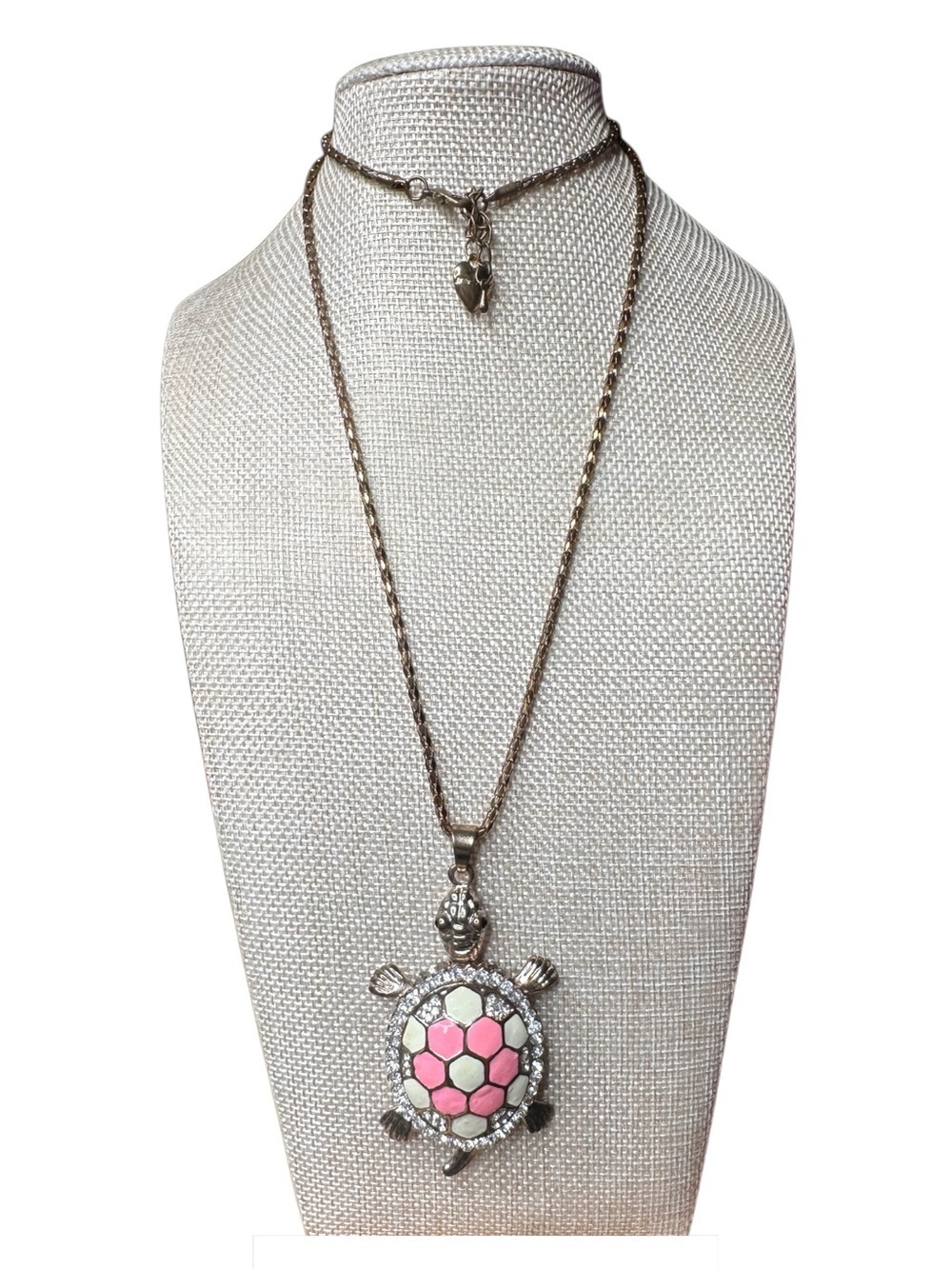 Vintage Silver-Tone Turtle Necklace with Pink Enamel